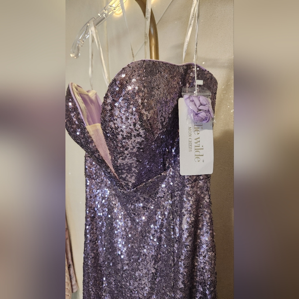 NWT Size 10 Ellie Wilde Mon Cheri  Strapless Lilac Sequin Fit & Flare Gown - Picture 6 of 6